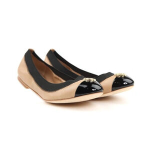 Tory Burch Jolie Two-tone Leather Cap Toe Ballet Flats Beige/Black Women's US 6